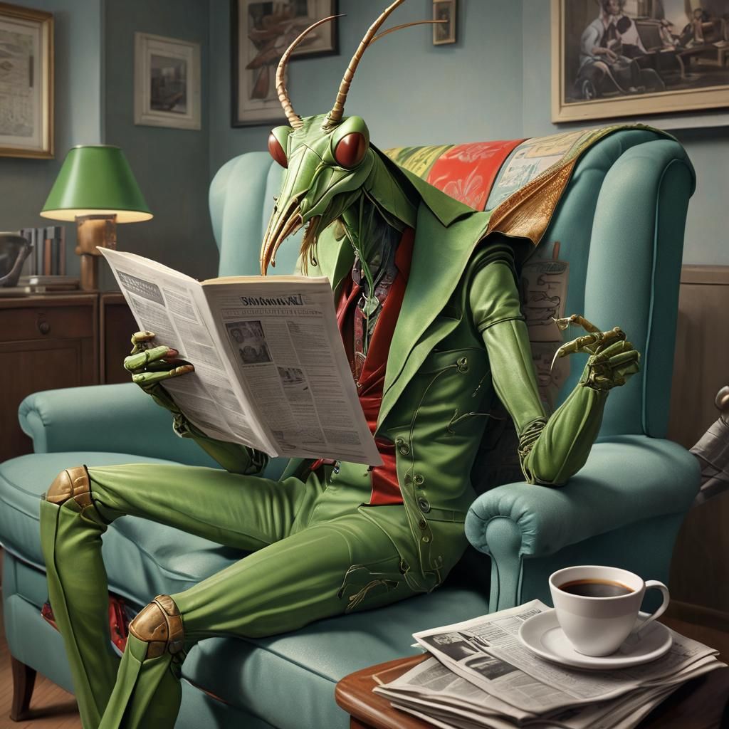 Anthropomorphic Mantis Coffee Break in 1950s Home