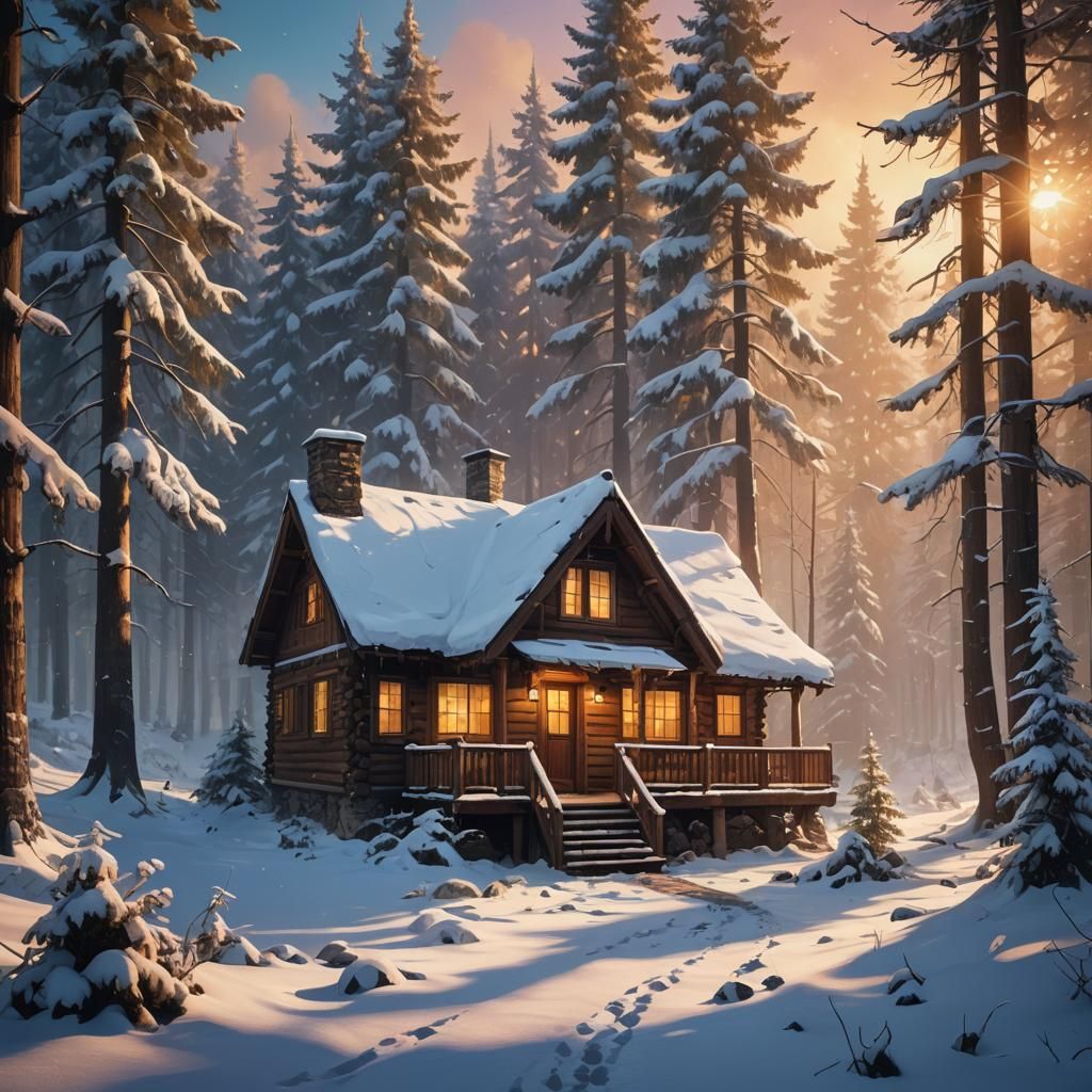 Cozy Cabin in Snowy Woods: Oil Painting