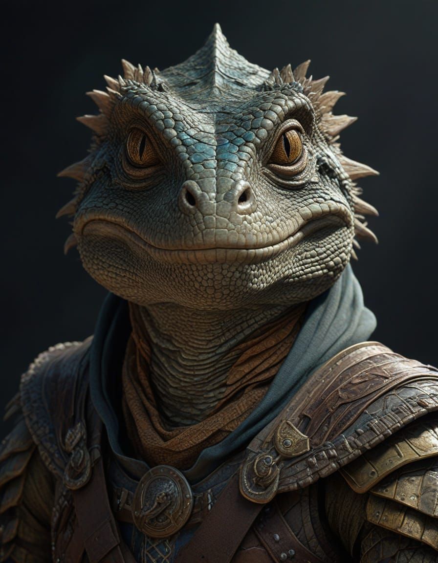 Enigmatic Reptilian Ranger in Muted Armor, Intricately Detai...