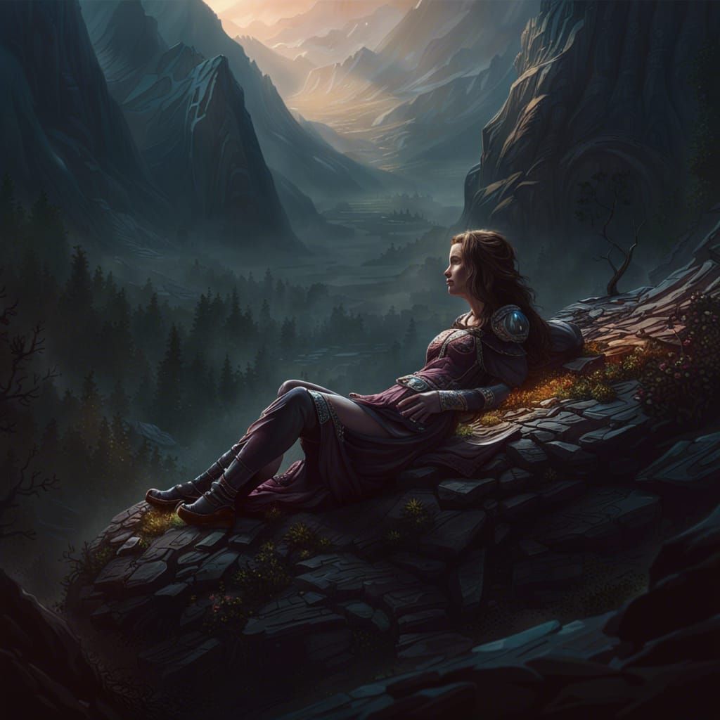 Mountain Landscape on Woman's Spine: Dark Fantasy Art