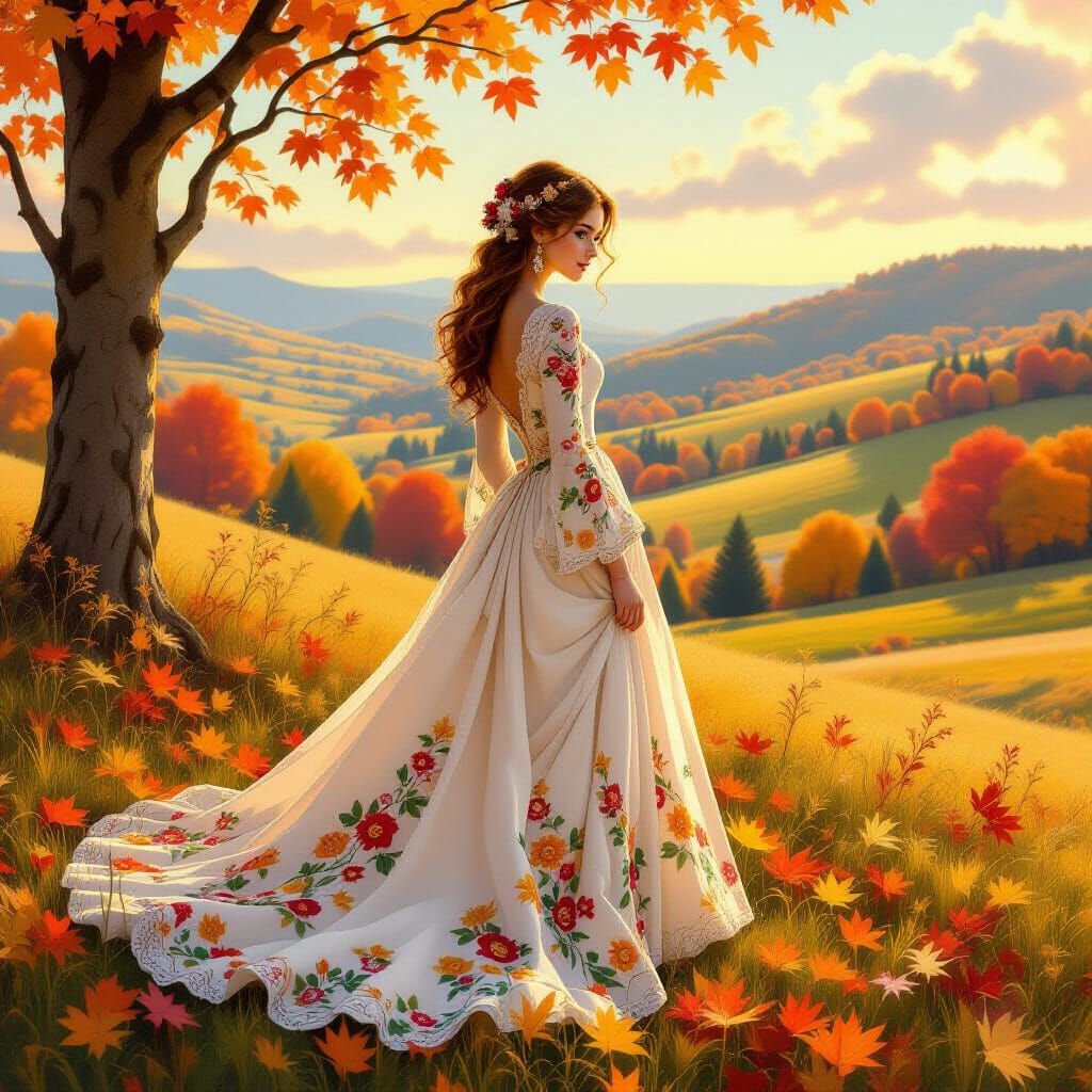 Autumn Girl in Floral Dress, Art Nouveau Style