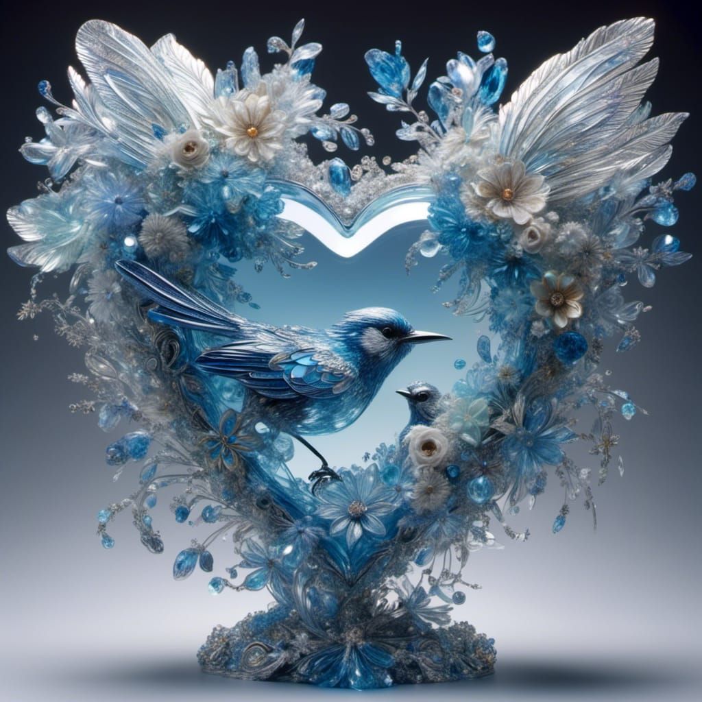 Crystal Heart with Bluejay in Decoupage Art Style