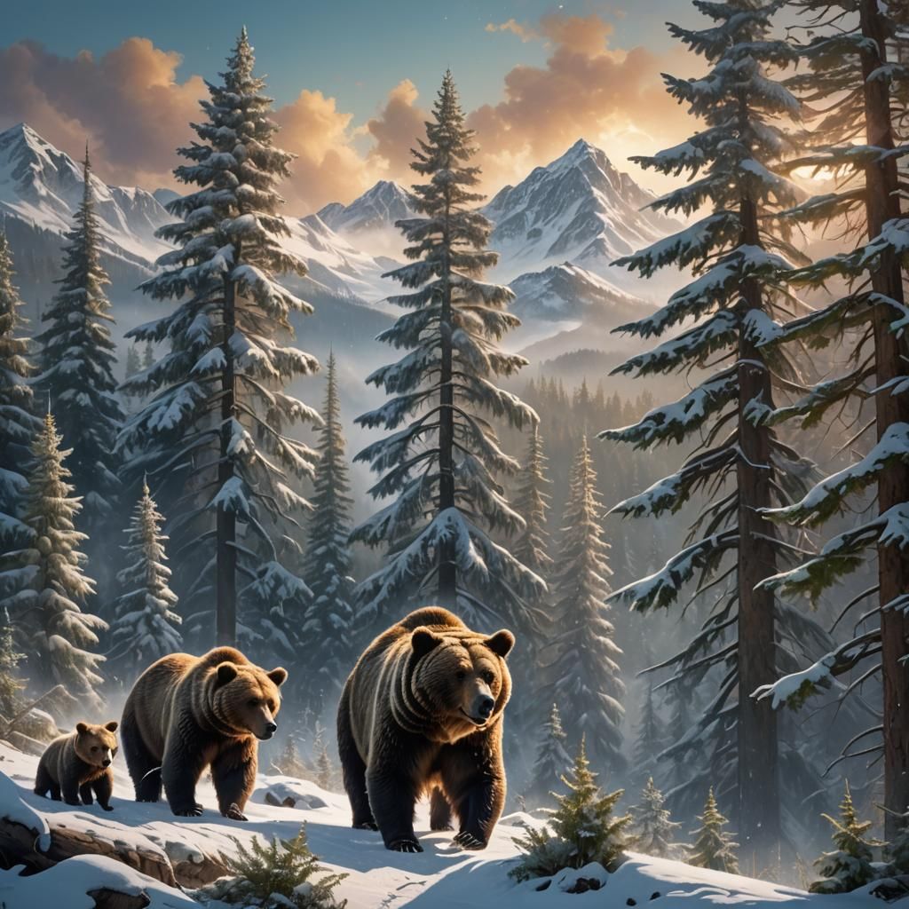Family of Bears in Snowy Mountain Landscape