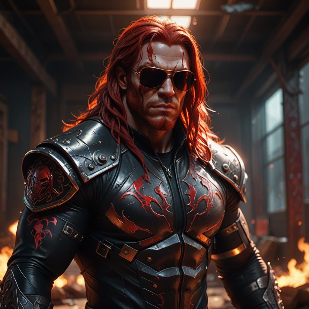 Dark Fantasy Wrestler in Tattered Leather, Crimson Hair, and...