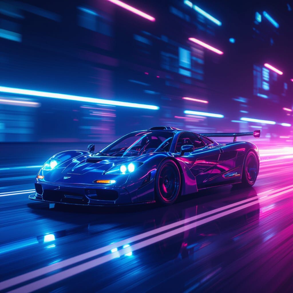 McLaren F1 Car Speeds Down Neon Street At Night