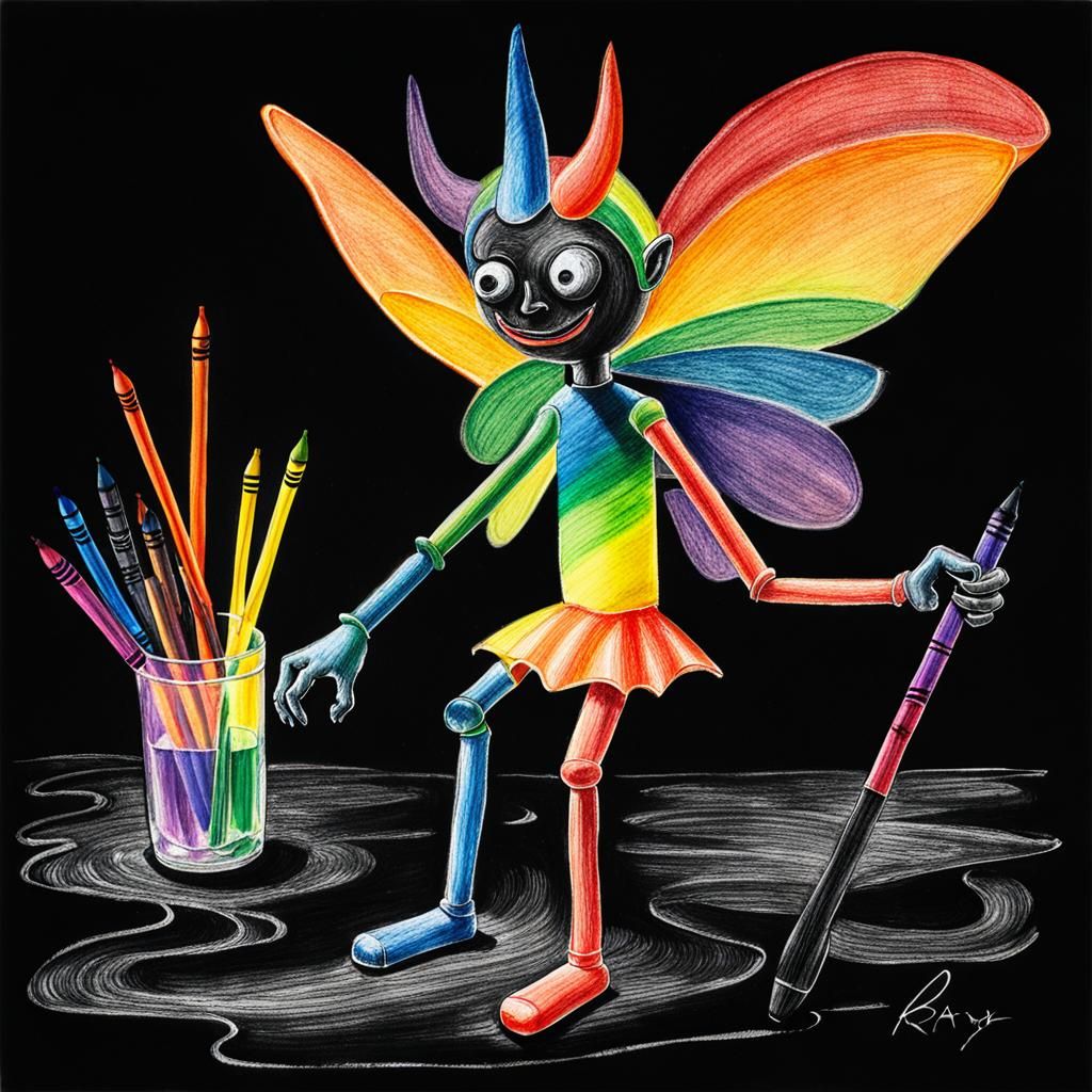Kids Crayon drawings ,surreal  friendly demon , child's draw...