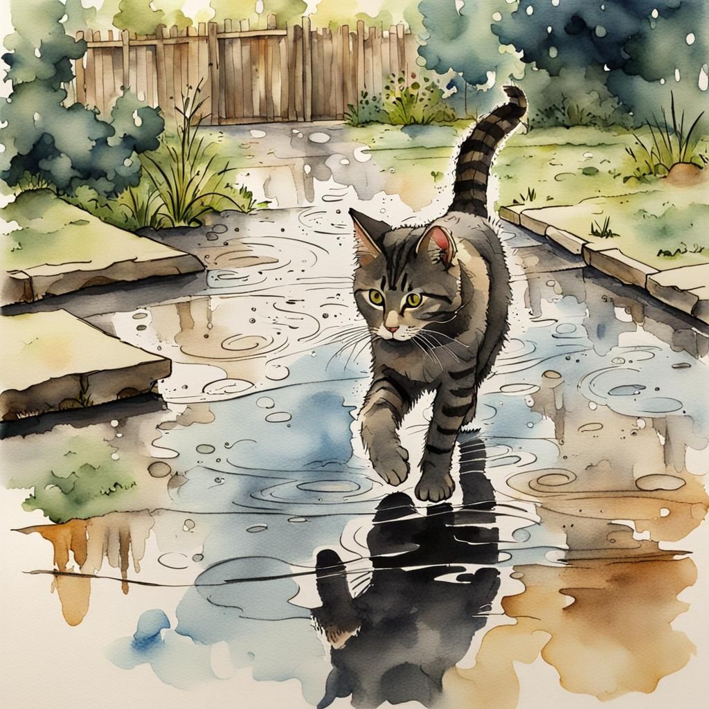 Cat Leaps Over Rainy Puddle Reflection