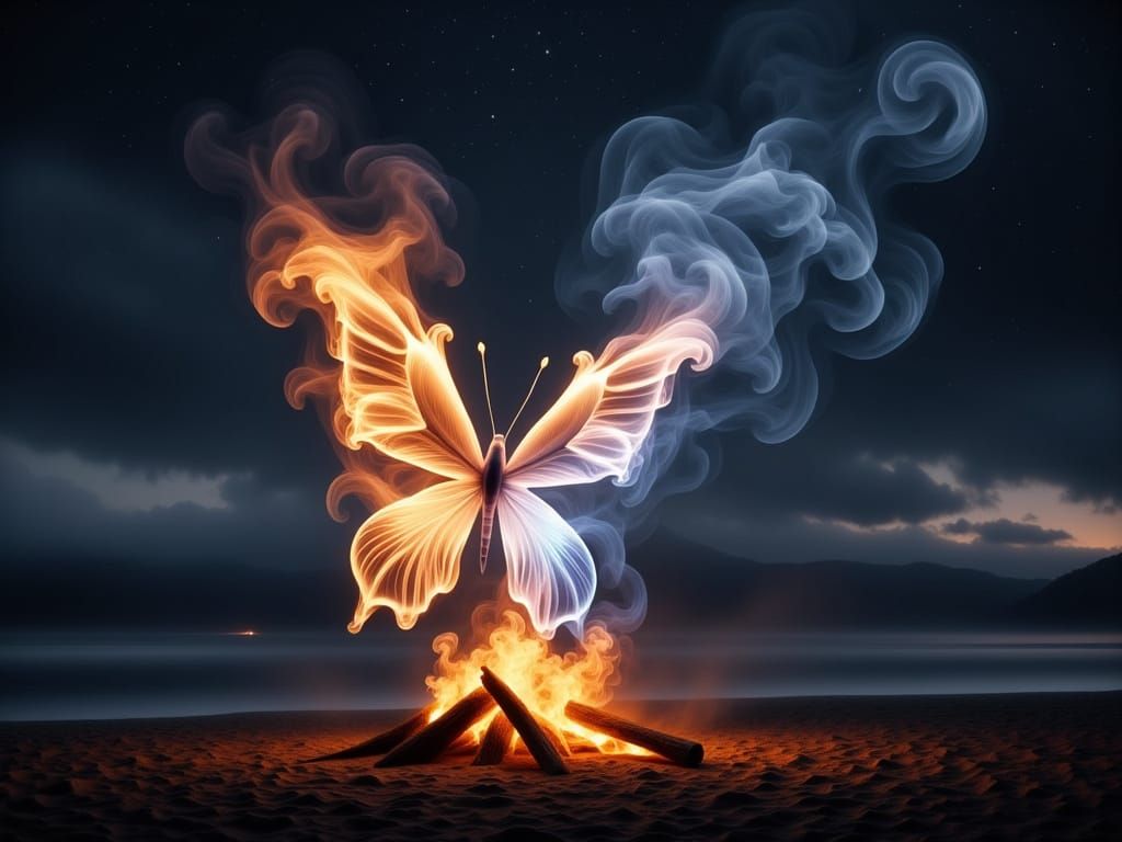 Spectacular Smoke Butterfly Rising from Campfire
