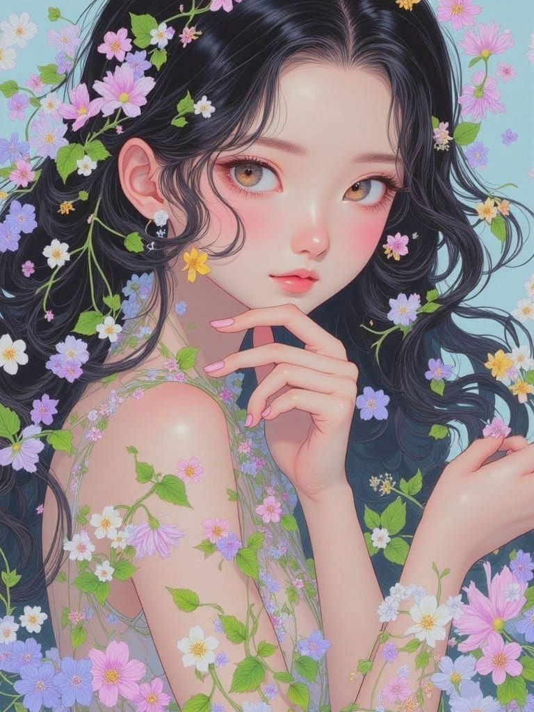 Contemplative Woman Sews Organic Jumpsuit: Anime Style