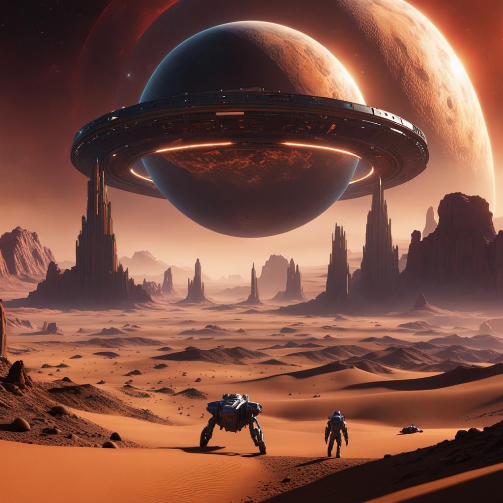 Desert Planet with Alien and Sci-Fi Rocket