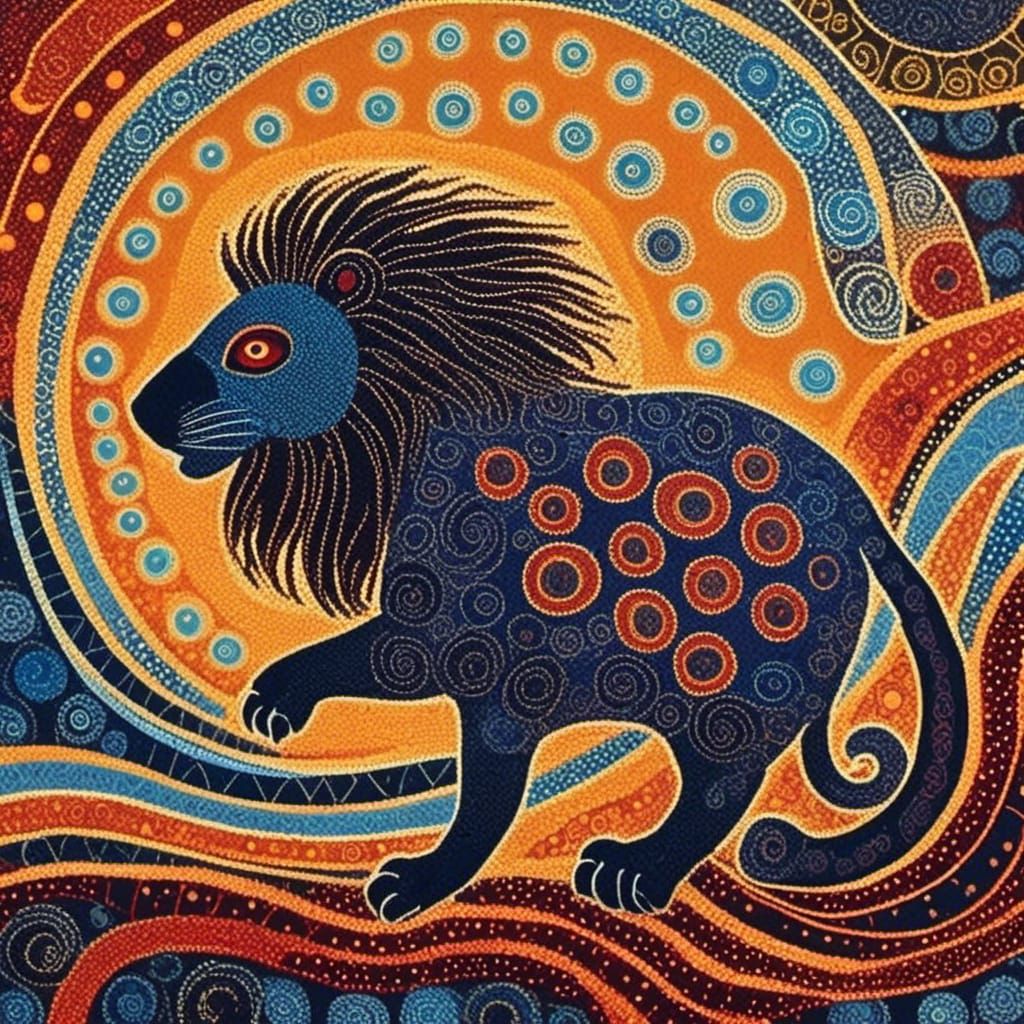 Lion in Australian Aboriginal Dot Art Style