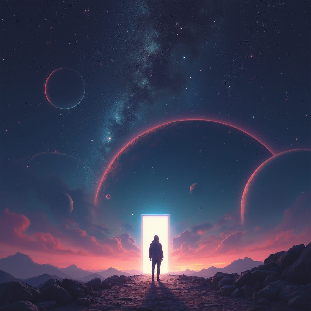 Astronaut Before Glowing Door in Space