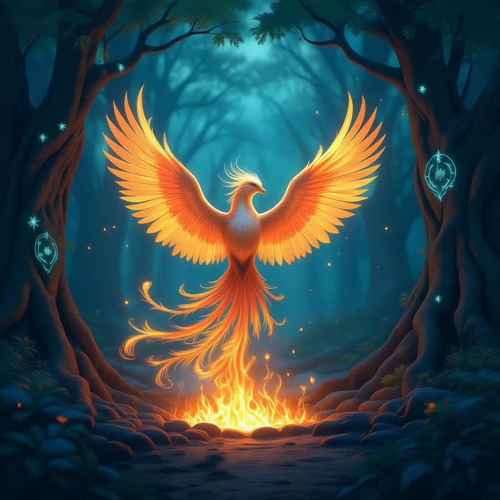 Majestic Phoenix Rises in Mystical Forest