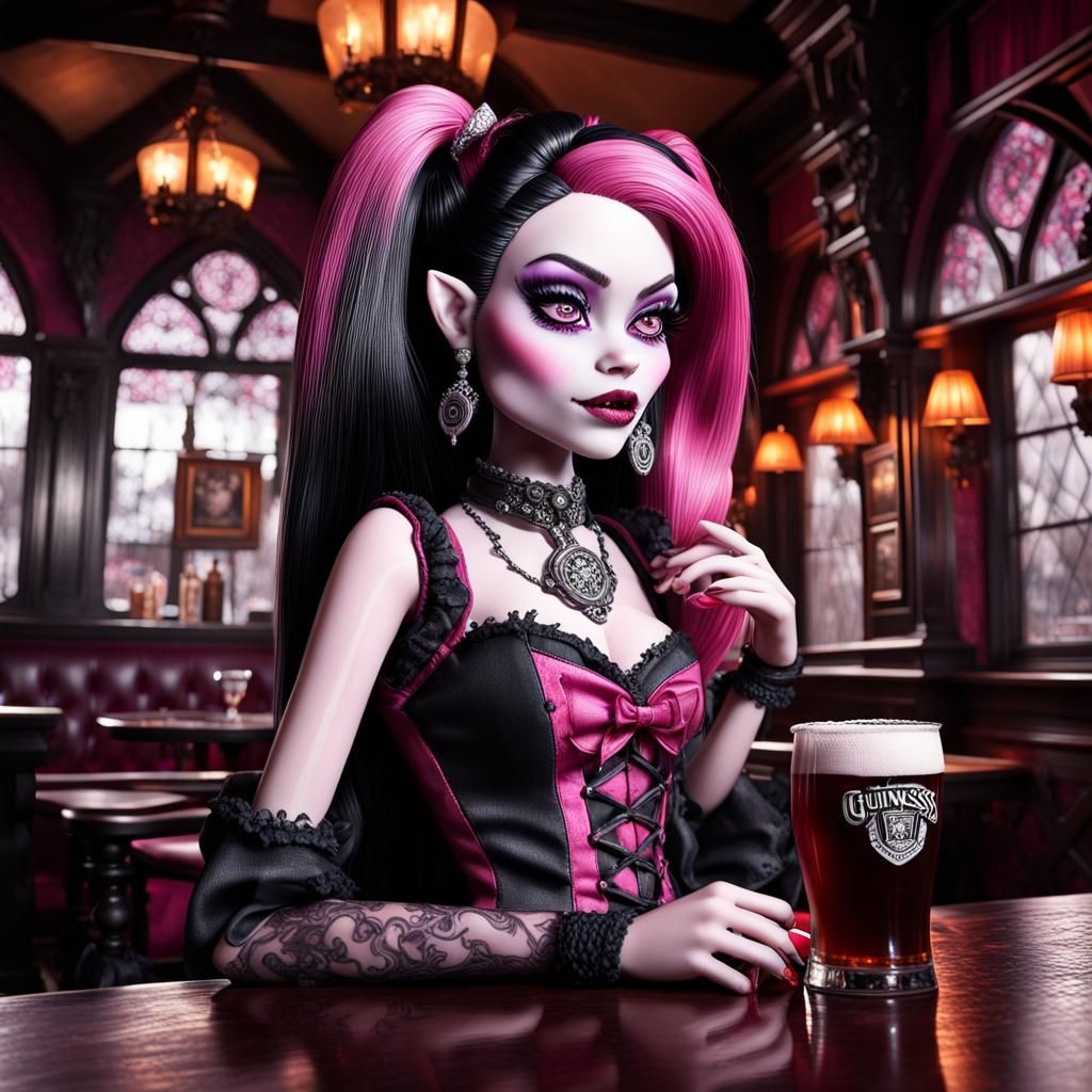 monster high draculaura drinking a pint of guinness in a got...
