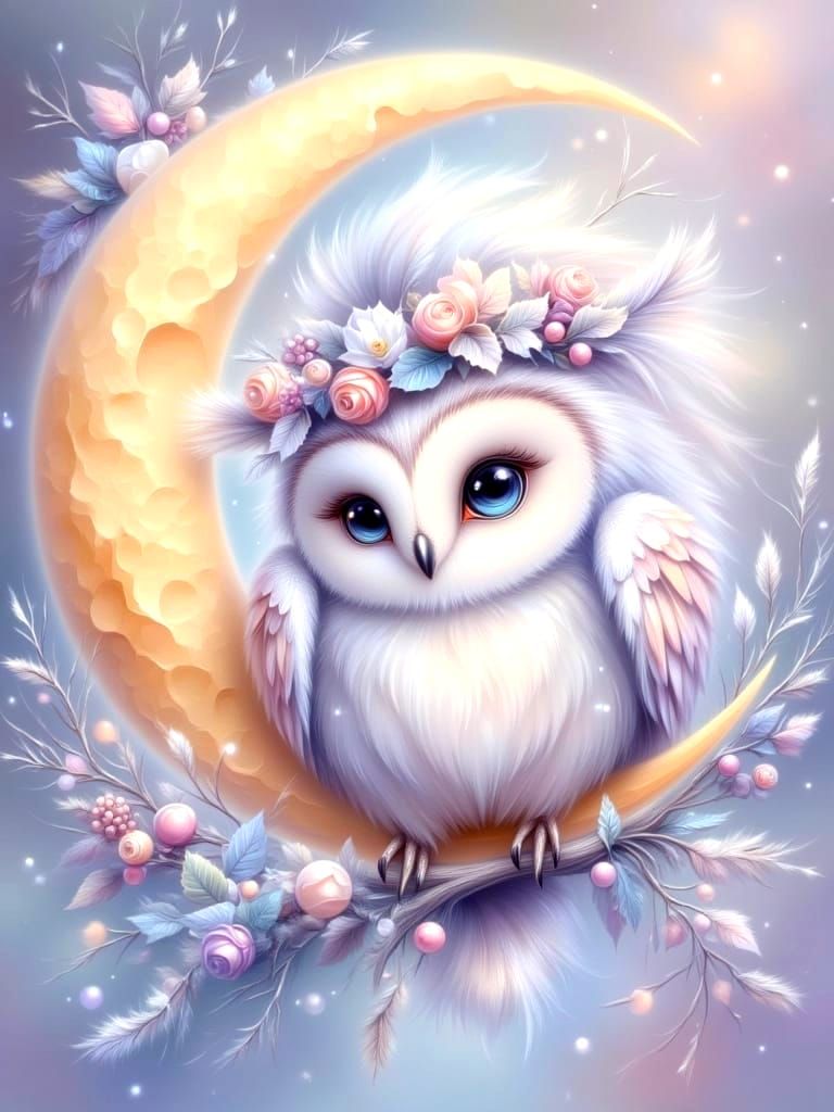Pastel Owl on Crescent Moon with Fantasy Glow