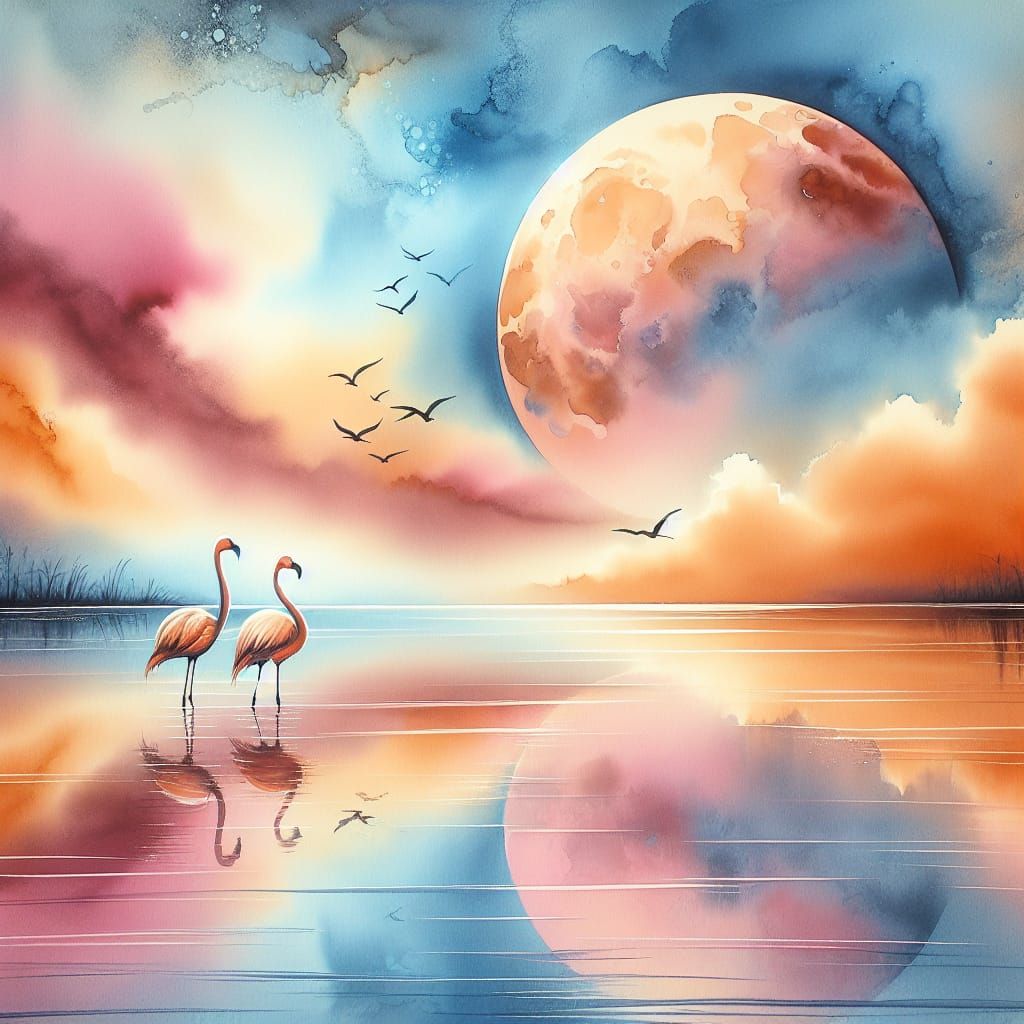 Glowing Moon Over Tranquil Flamingo Scene