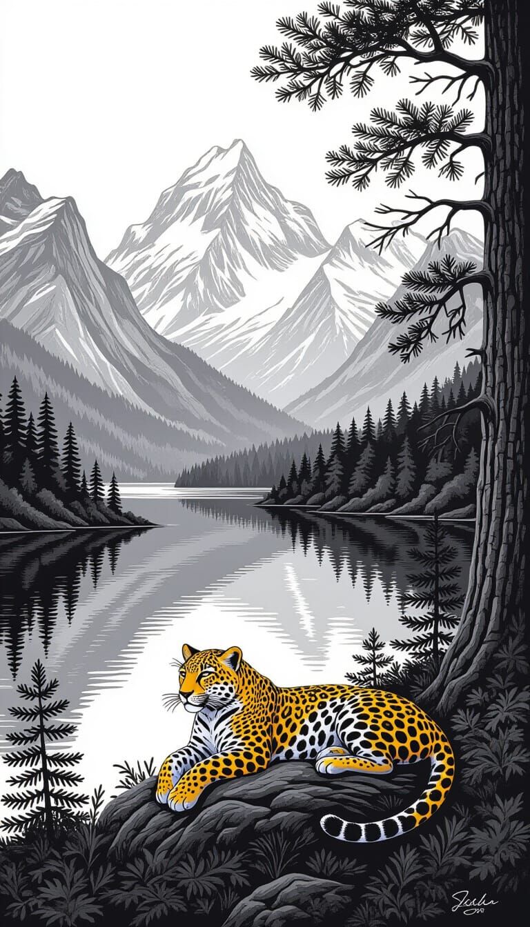Yellow Leopard in Black and White Landscape