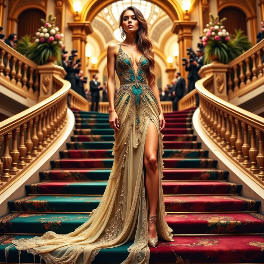 Glamorous Female Model on Met Gala Staircase in Old-School H...