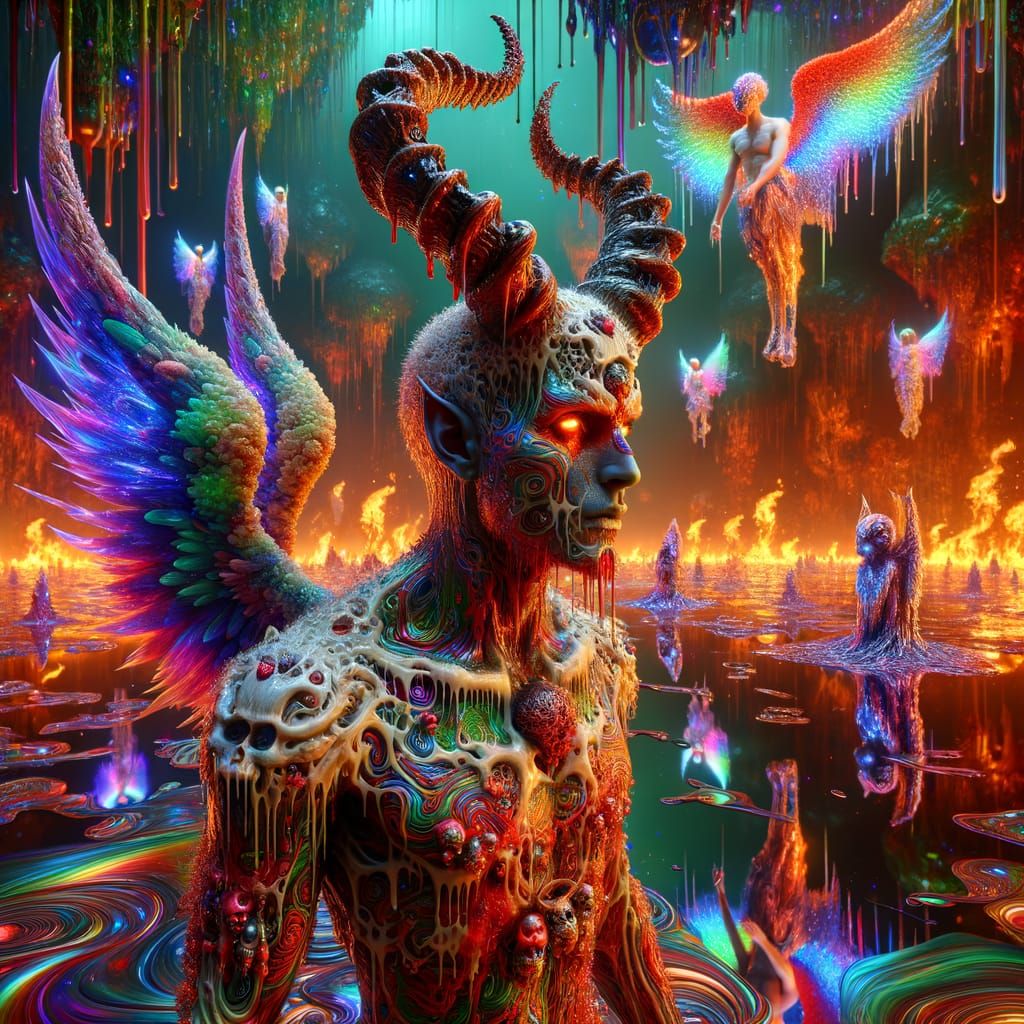 Tiefling Goddess and Angelic Demon in Neon World