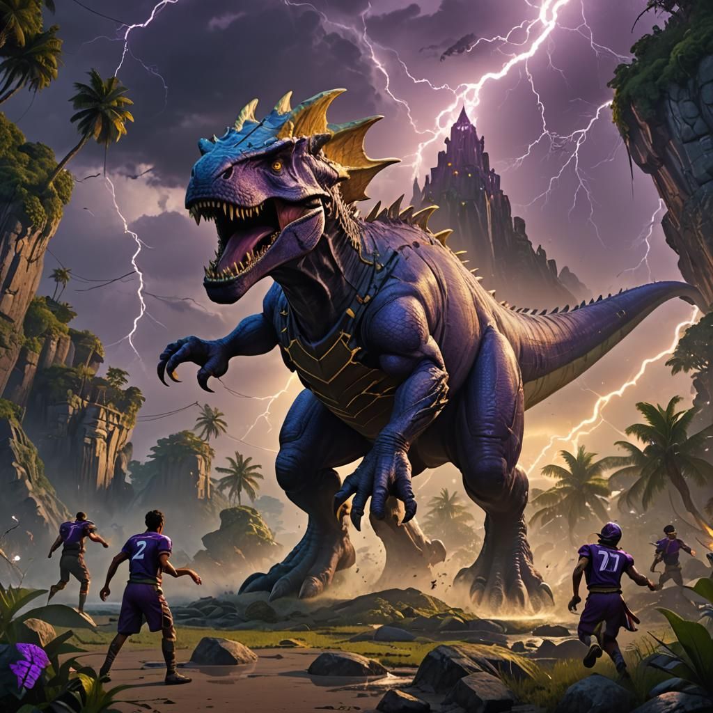 Dino Football on Island: Dark Fantasy Concept Art
