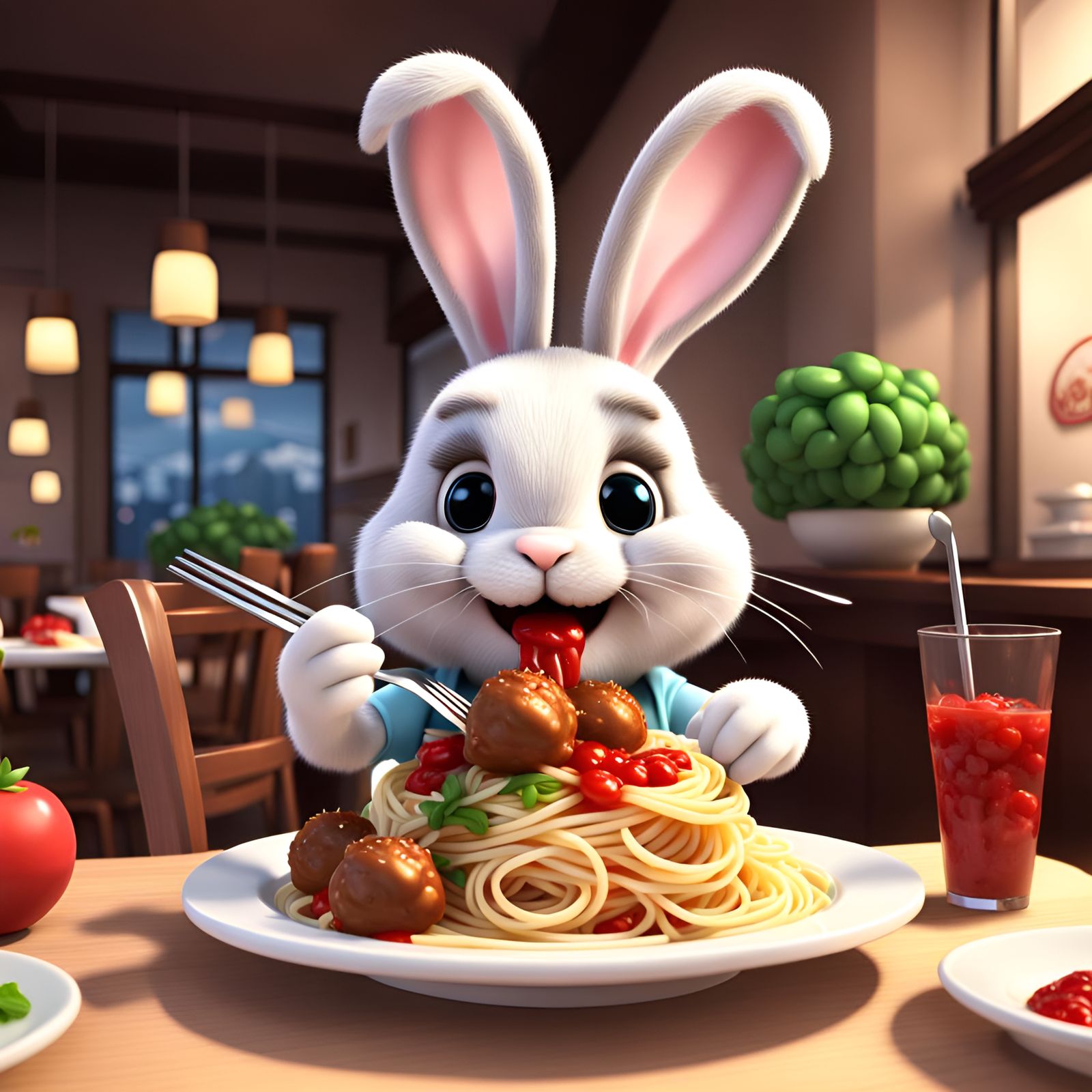 Happy Cartoon Bunny Enjoys Spaghetti Dinner