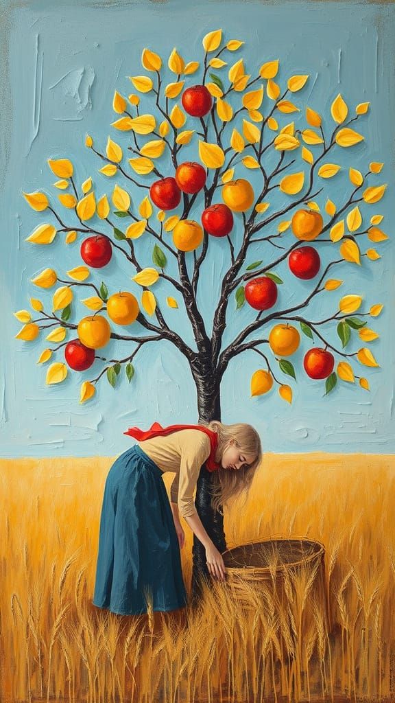 Sad Tree and Harvesting Woman in Oil Paint