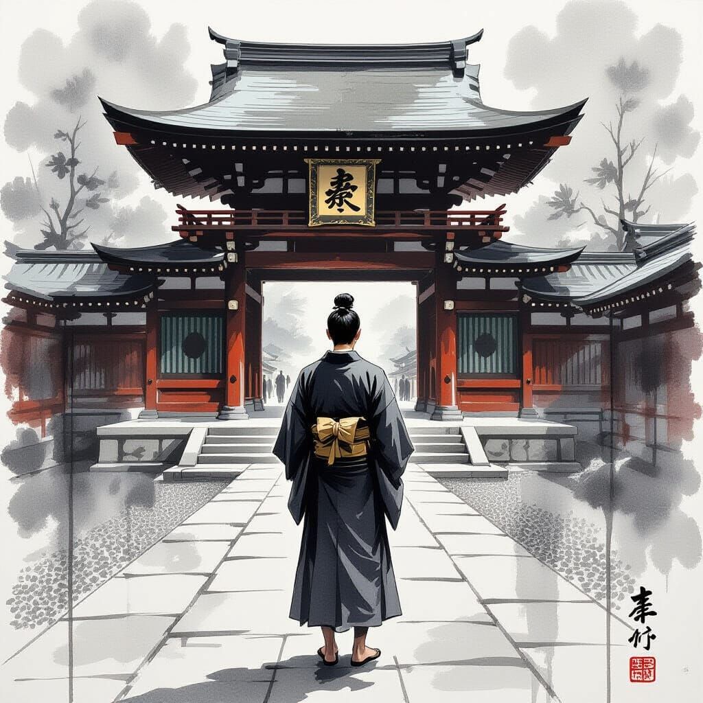 17th Century Shinto Priest Ink Sketch