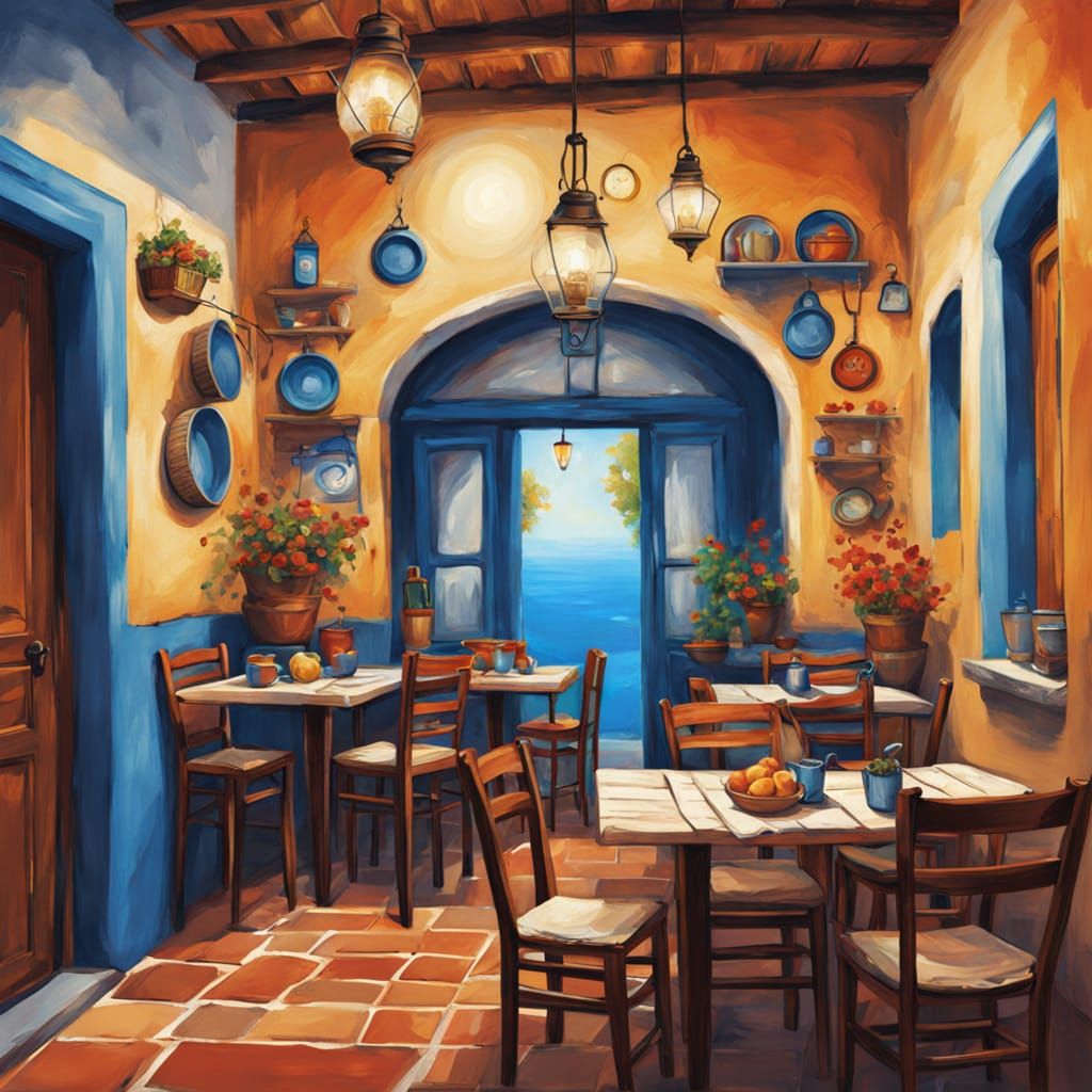 Cozy Greek Taverna Interior Digital Painting