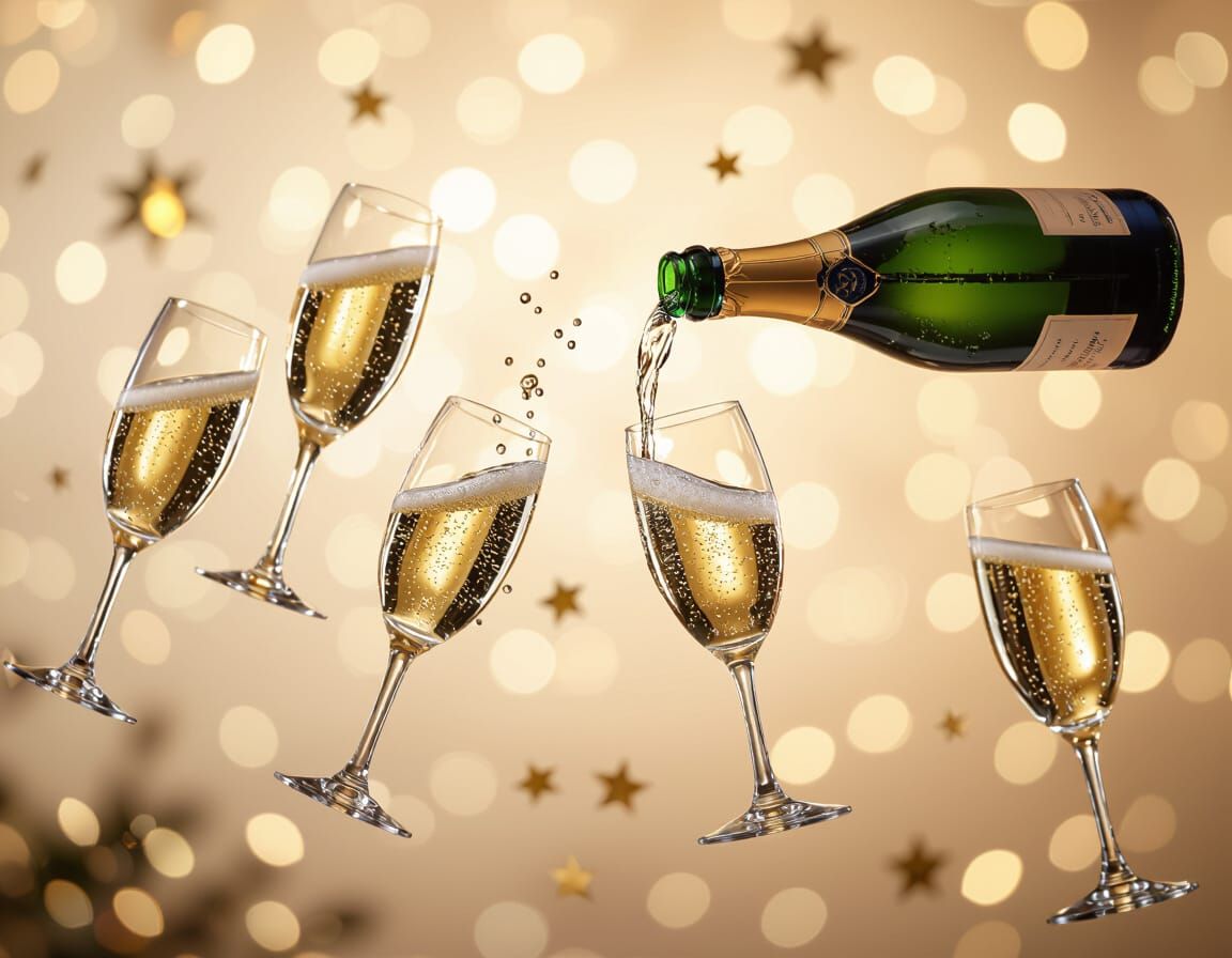 Floating Champagne Celebration with Bokeh Lights