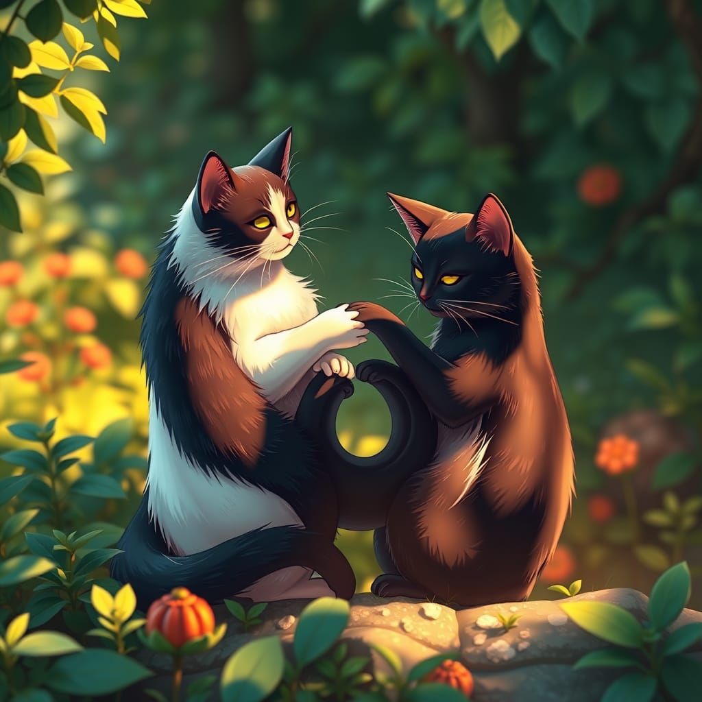 Whimsical Feline Yin and Yang in Studio Ghibli Style