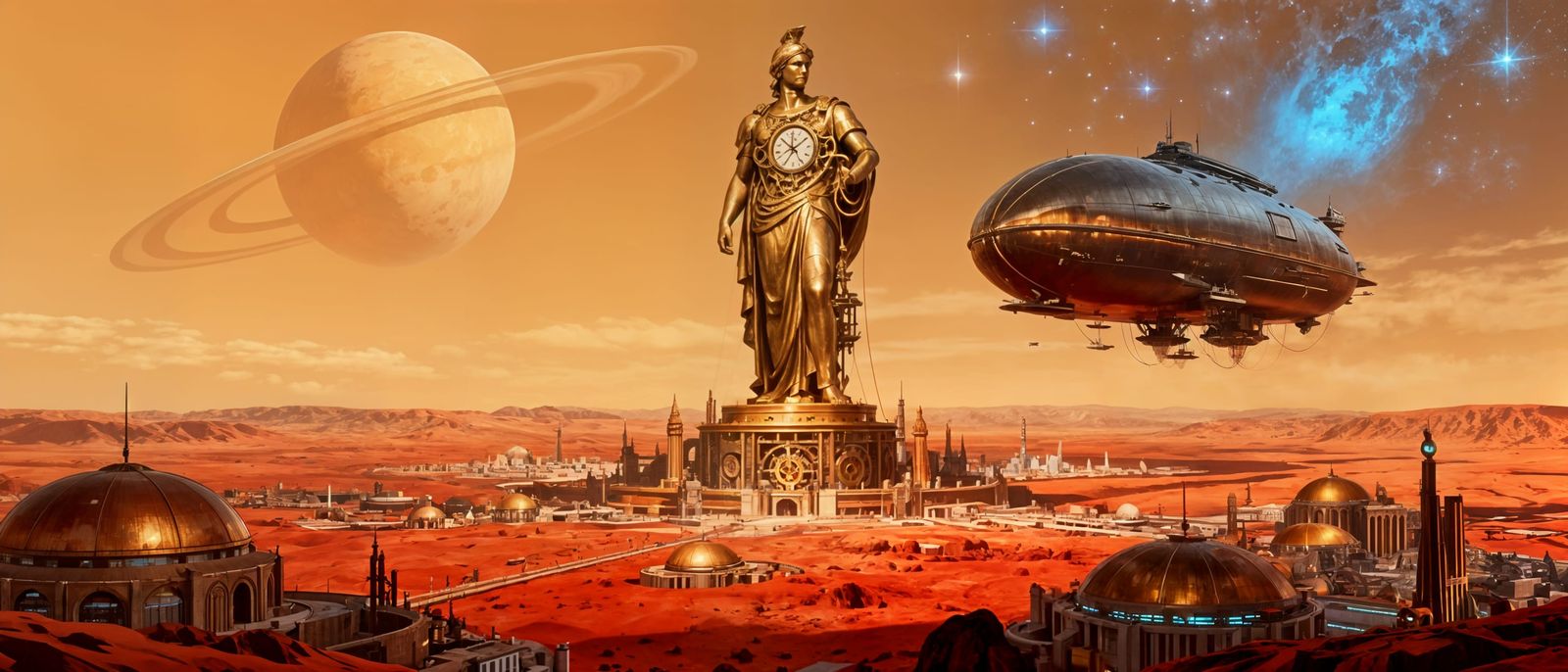 Zeppelin Over Martian Domed Cities in Retrofuturism