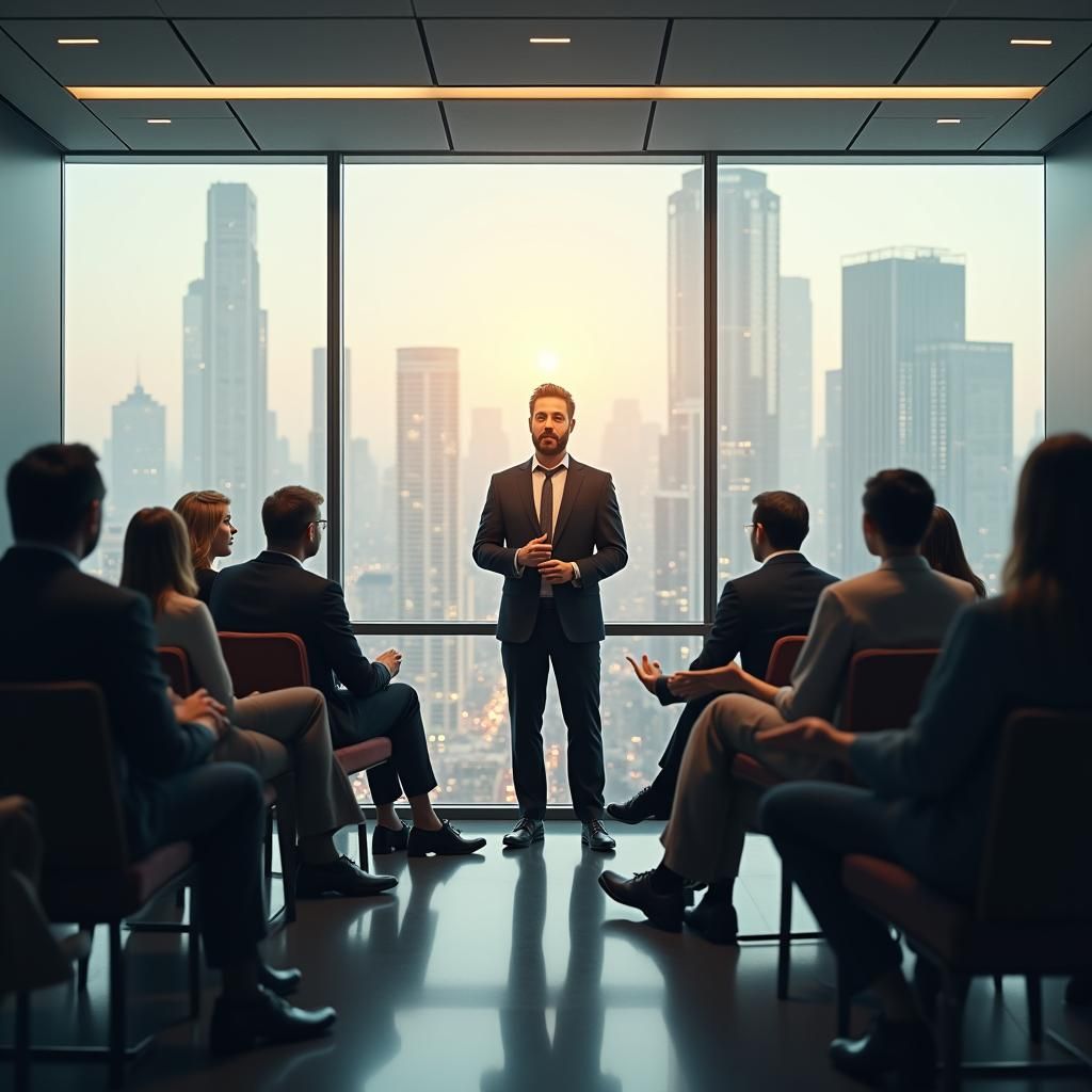 Business Leader Addresses Colleagues in Modern Conference Ro...