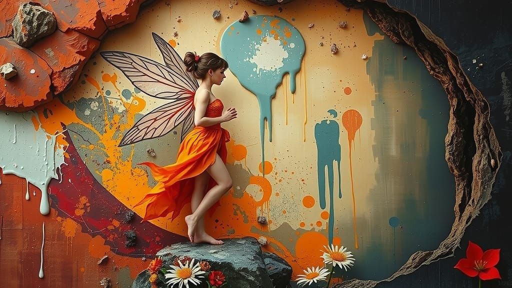 Fairy Walking to Cave, Expressionist Mural Style