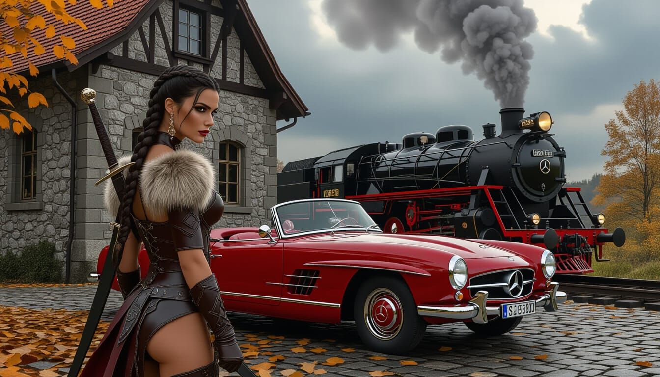 Medieval Woman with Sword and Classic Car in Germany
