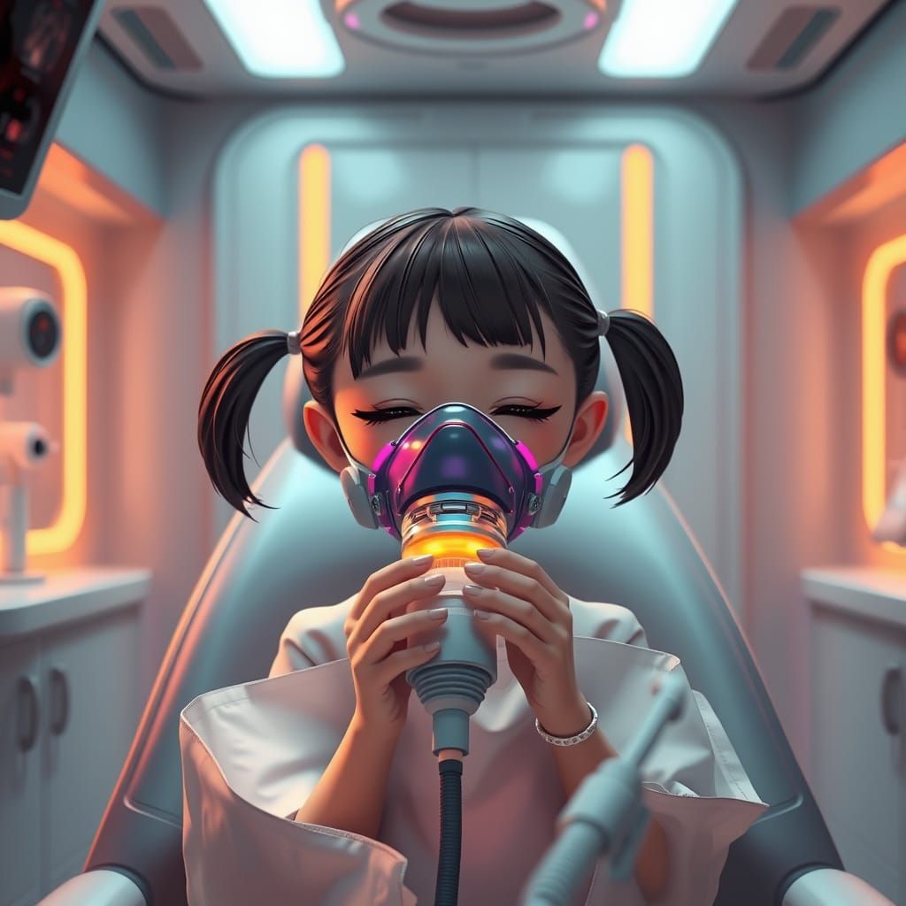 Hyper-Realistic Anime Dental Scene in Futuristic Room