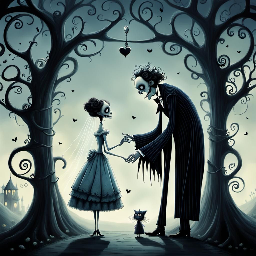 Gothic Marriage Scene in Tim Burton Style