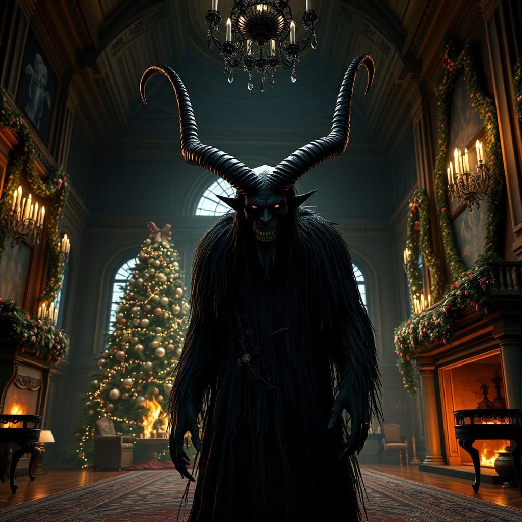 Krampus Haunts a Victorian Christmas Scene