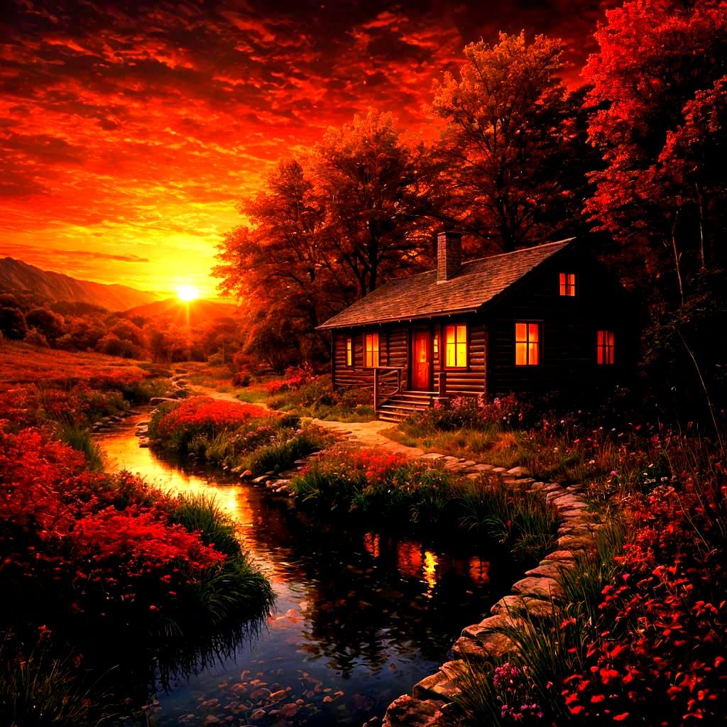 Dreamy Fantasy Cabin by Stream at Dark Red Sunset