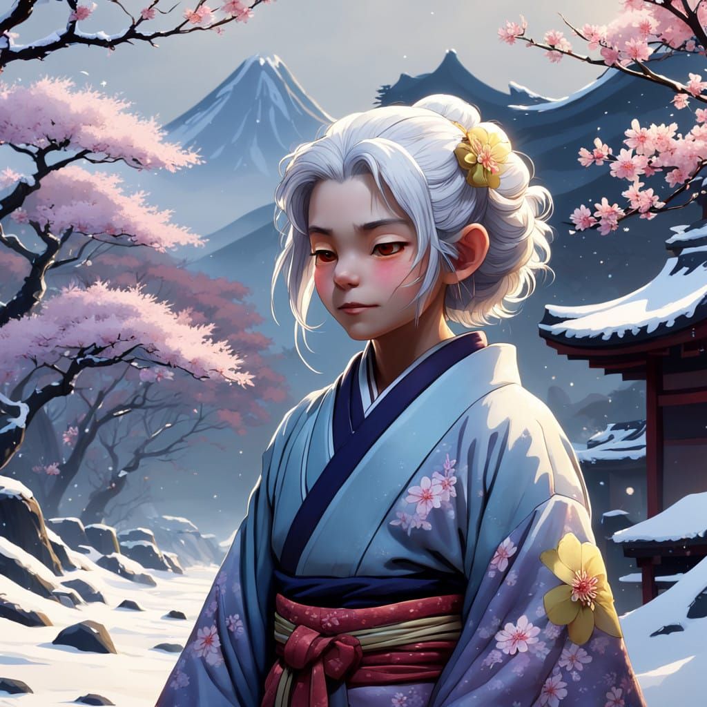 Wispy Gremlin in Serene Japanese Winter Landscape