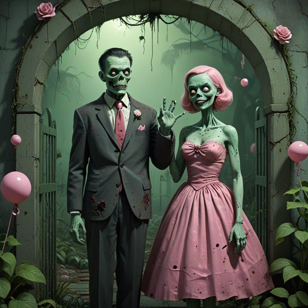 Zombie Couple's Retro Prom Photo in Cartoon Style