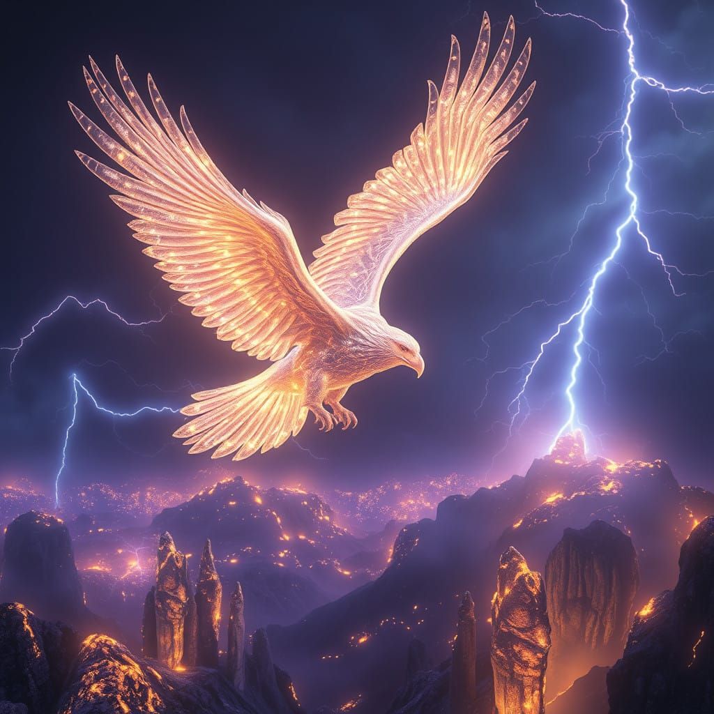 Ethereal Crystal Eagle in Stormy Night Sky