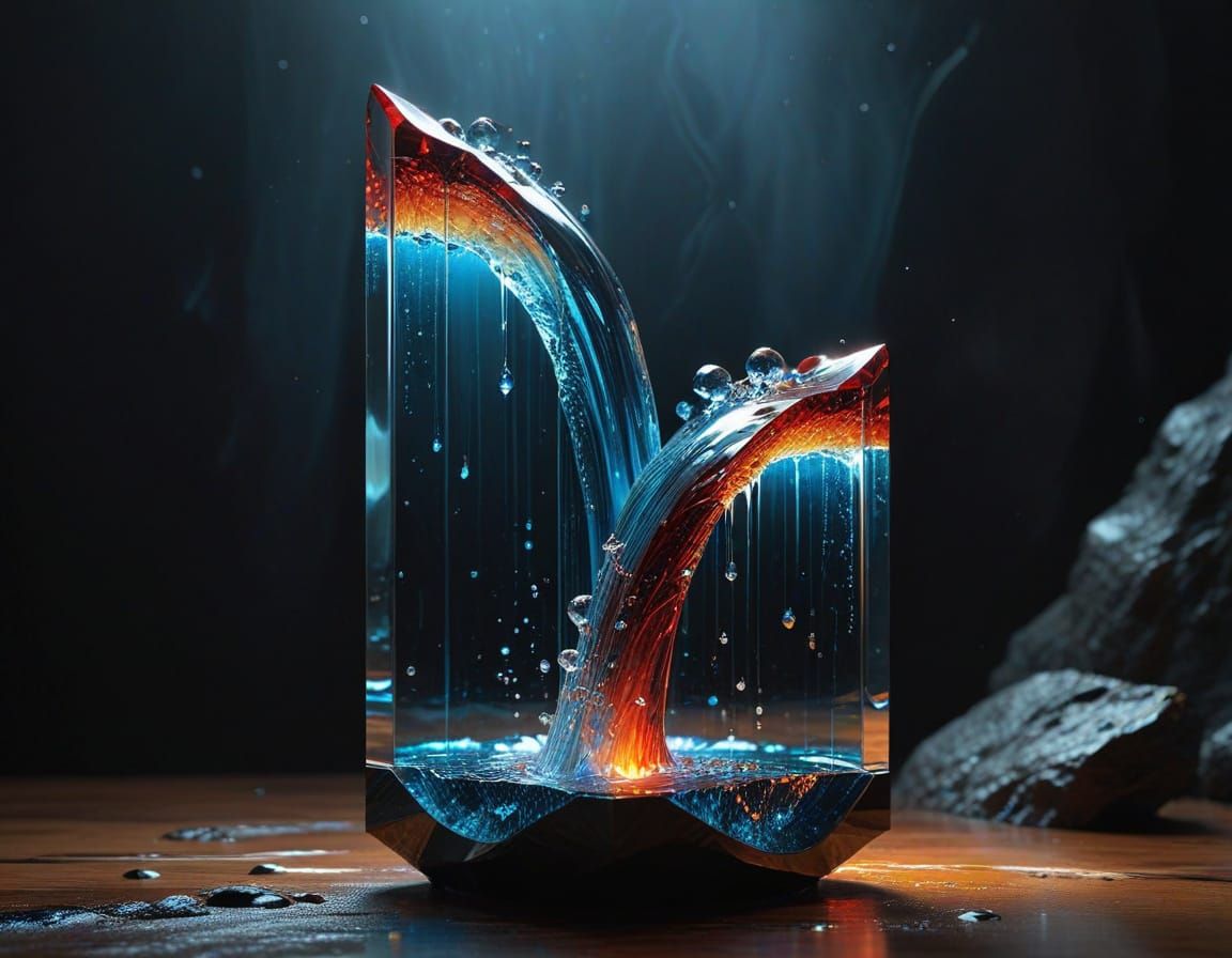 Ethereal Glass Sculpture with Dual Waterfalls in a Futuristi...