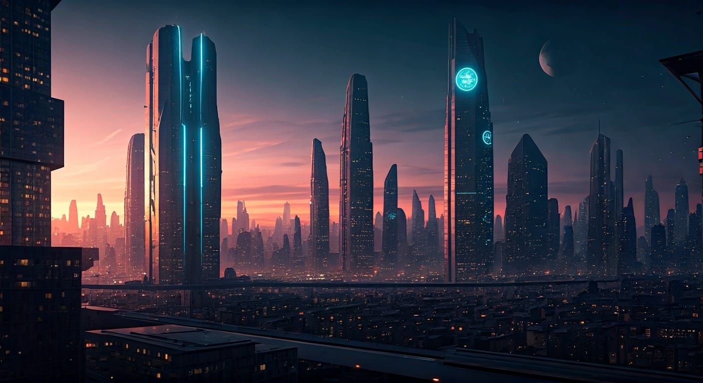 Neon Cityscape at Dusk in Cyberpunk Style