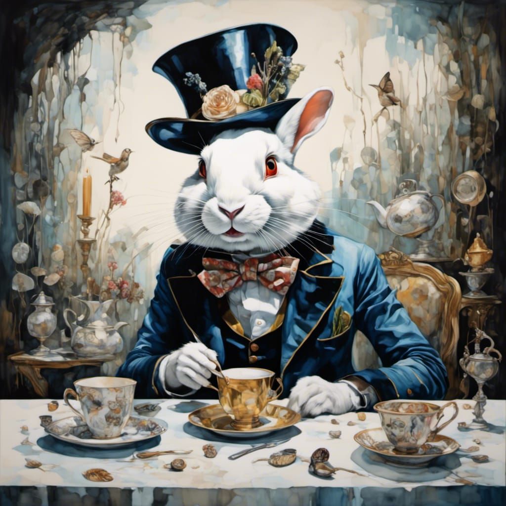 White Rabbit Late for Tea, Watercolor Style