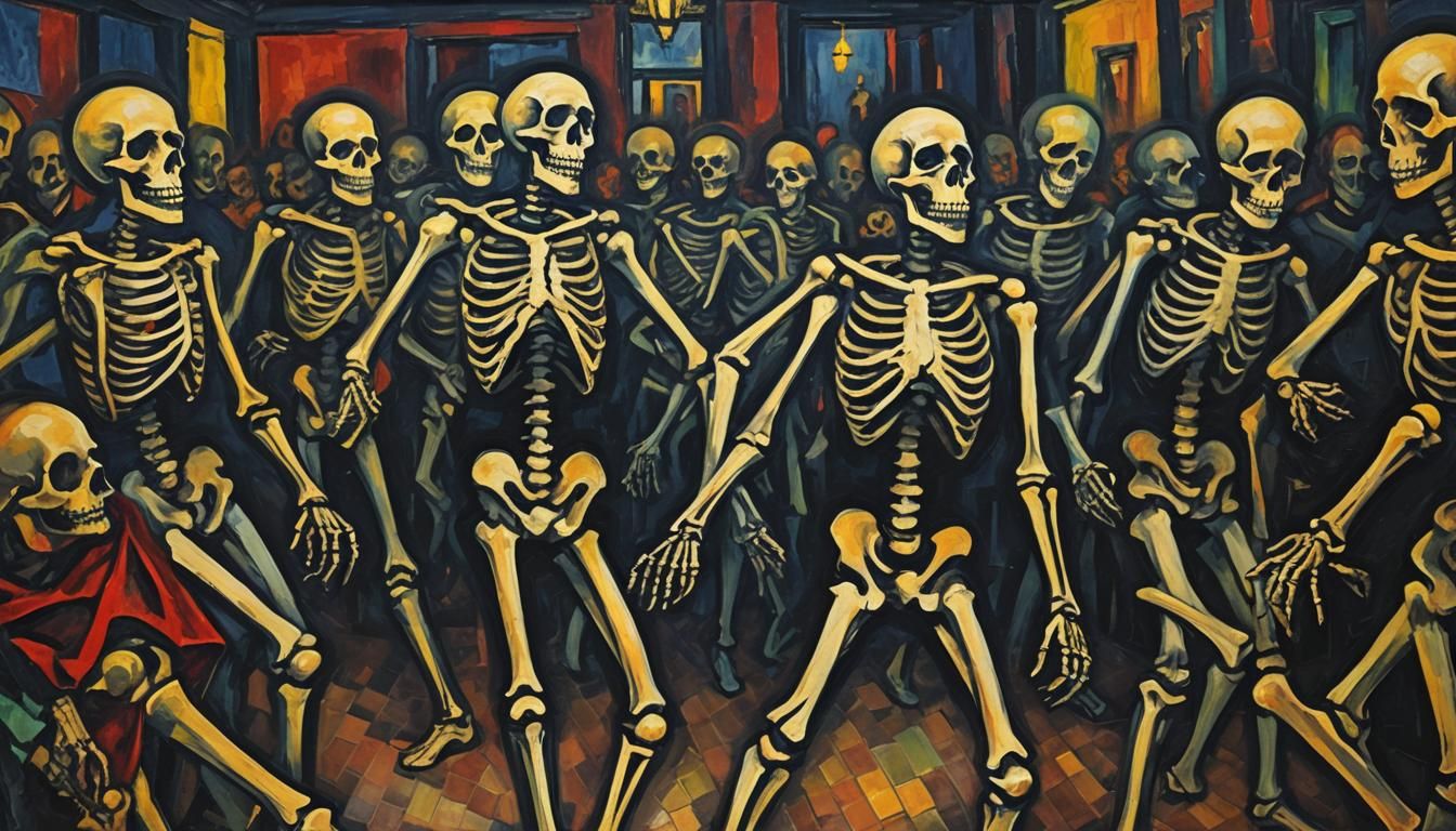Fauvist Skeletons Dancing in Gothic Ballroom