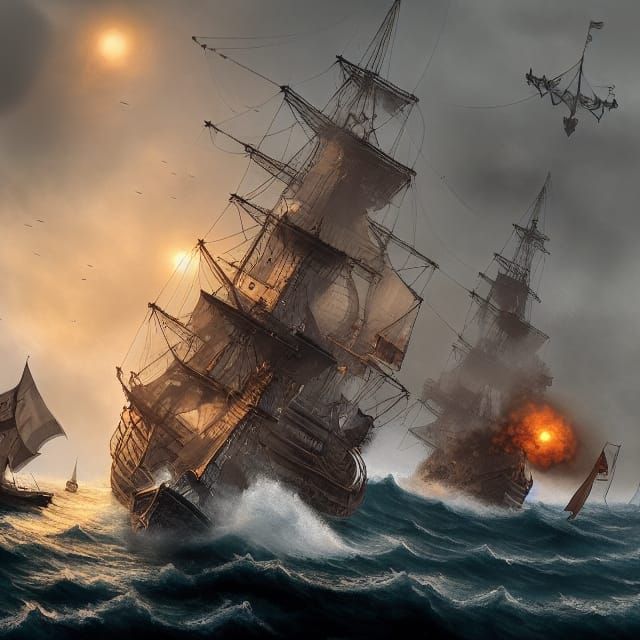 Pirate Ship Naval Battle in Foggy Ocean