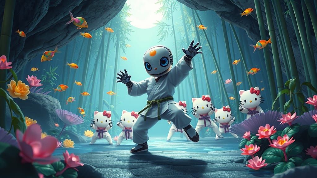 Quirky Robot Practicing Karate in Underwater Grotto