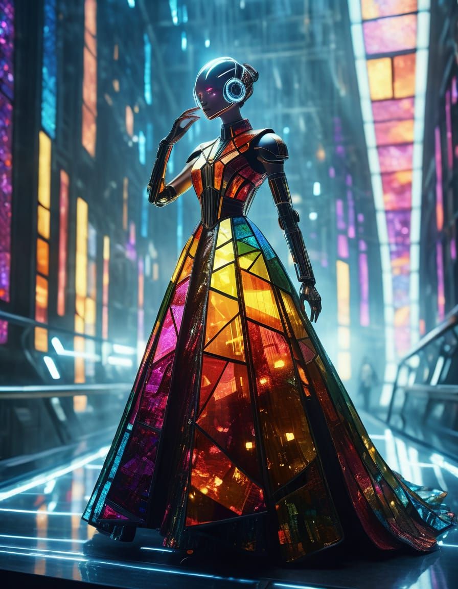 Robot Fashionista in Stained Glass Ball Gown