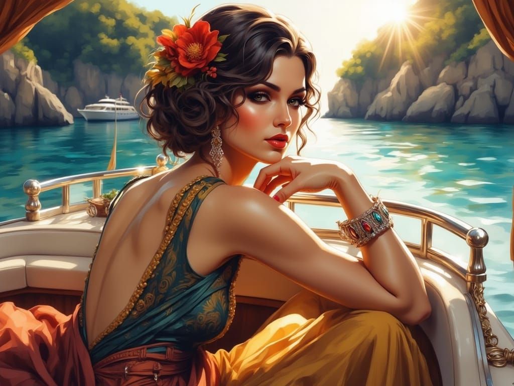 Elegant Woman on Riva Boat off Capri in Art Deco Style