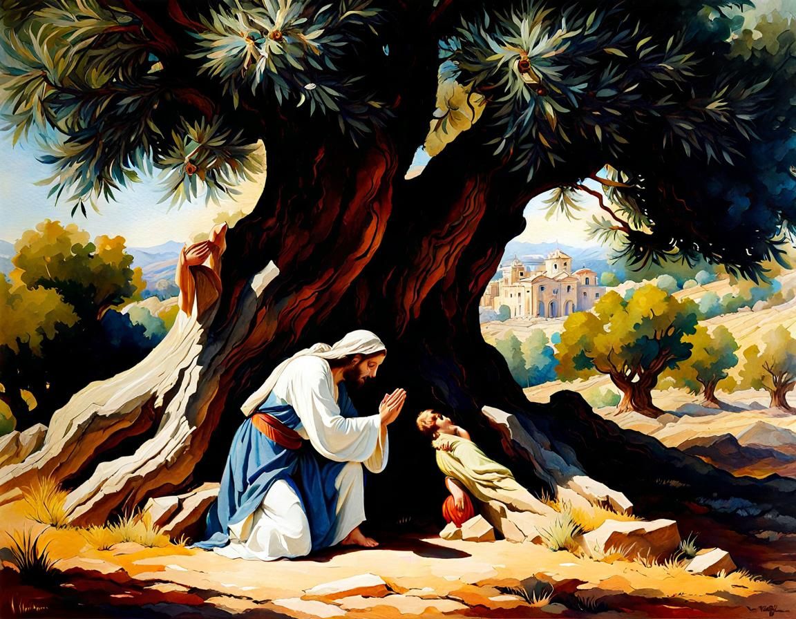 Jesus Praying in Gethsemane: Watercolor Splash Art